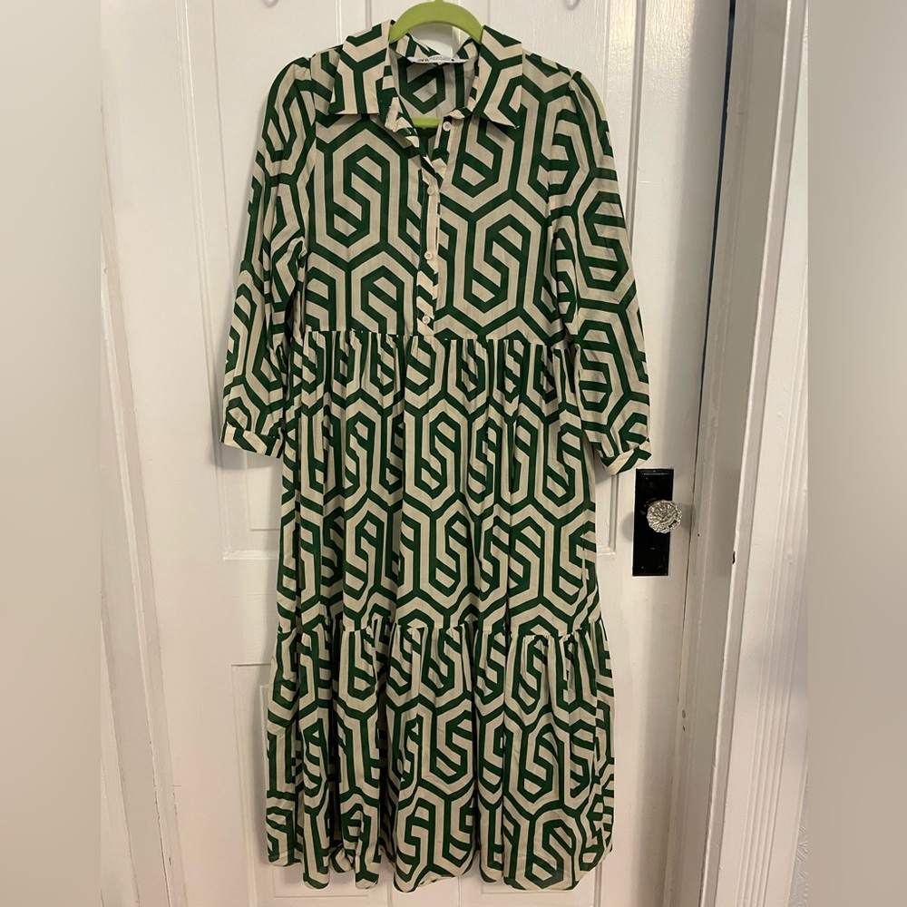 Zara Geometric Green/Cream Midi Dress M